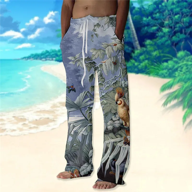 الصيف الرجال خمر الأزهار 3D المطبوعة واسعة الساق السراويل عطلة السراويل فضفاضة غير رسمية هاواي نمط بناطيل الشواطئ