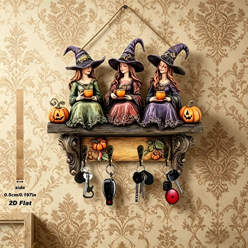 Porta Llaves de Madera con Diseño de Bruja, Sombrero de Bruja y Calabaza, Estilo Bohemio para Halloween, Decoración de Pared Plana 2D de Madera Reciclada con Gancho