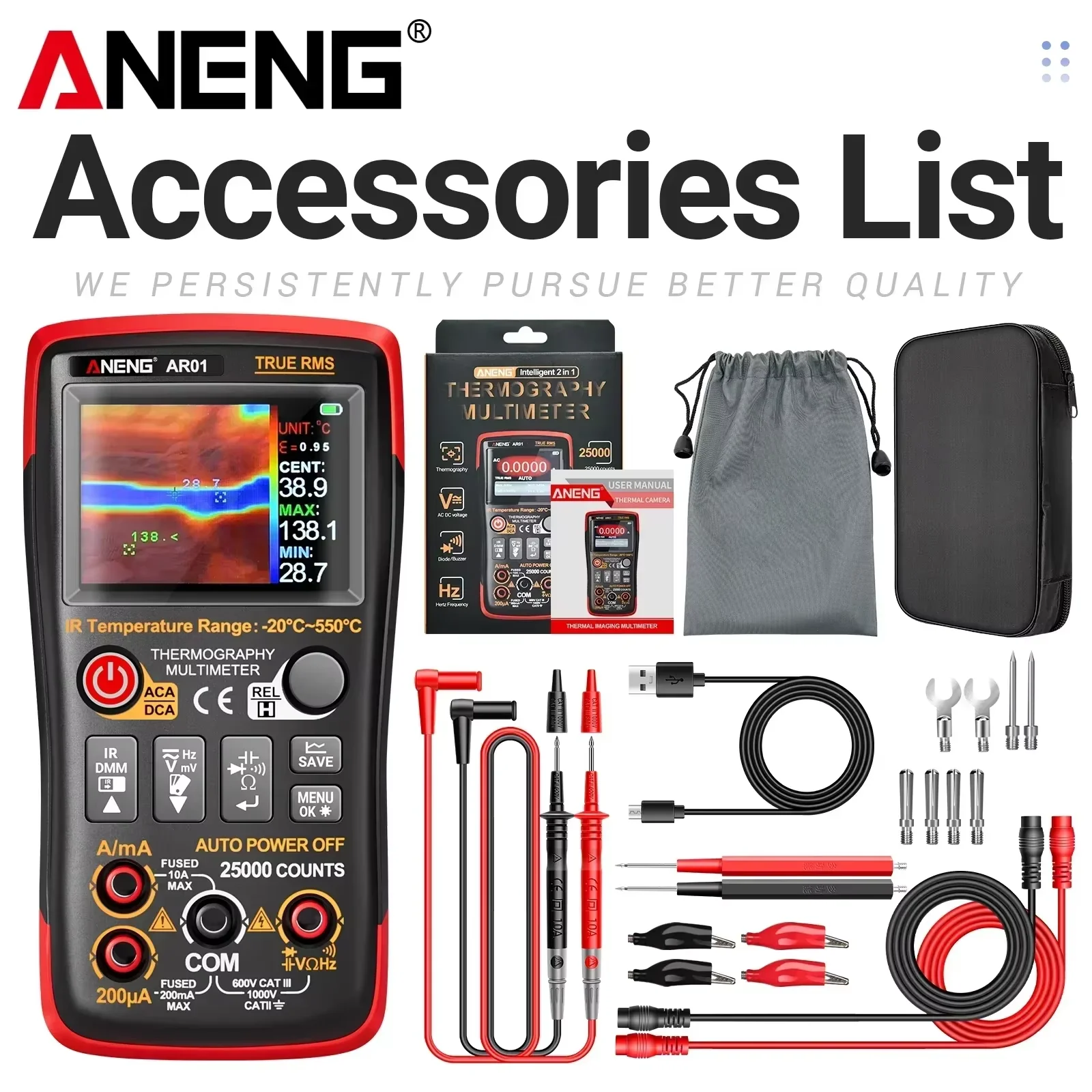 ANENG AR01 2-in-1 Thermal Imager Multimeter 25000 Counts Measures AC/DC Voltage Current 250M Ohm Resistance with TFT Display