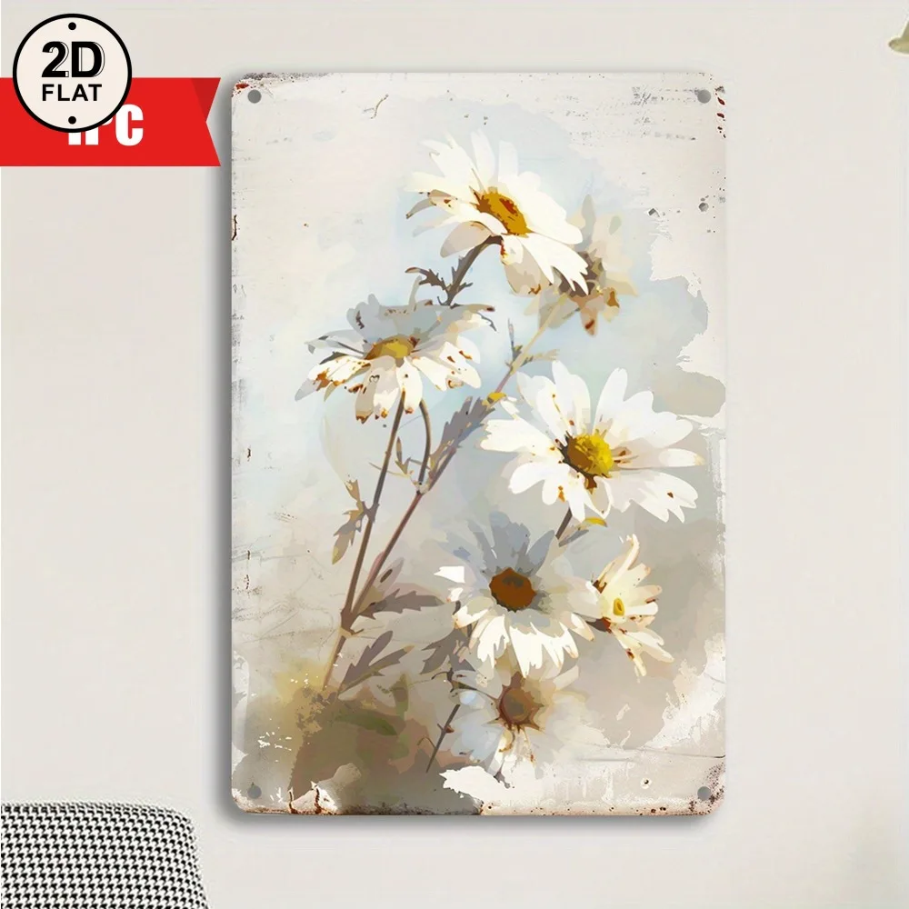 （2D Tin painting）Vintage White Daisy Metal Wall Art – Rustic Floral Tin Sign for Bedroom, Garden or Living Room Decor, 8x12 I