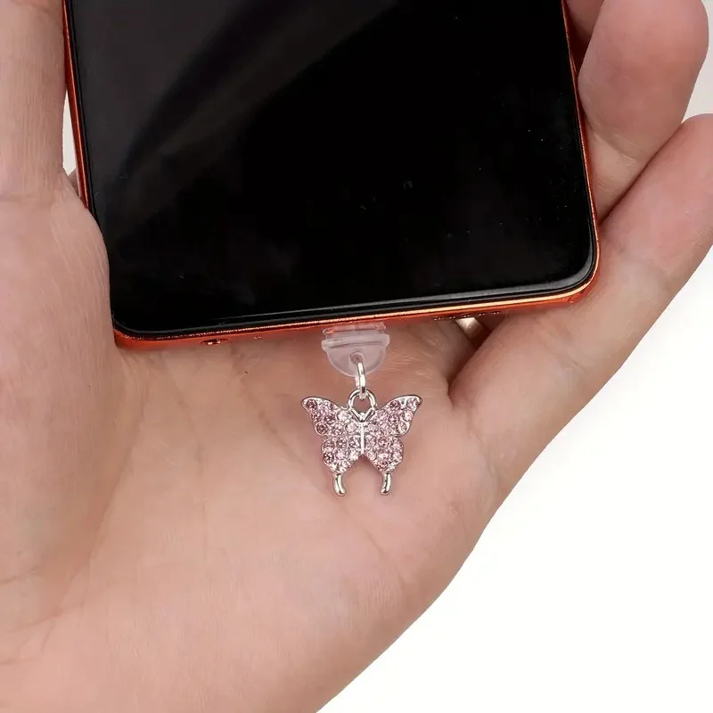 قطعة واحدة من قابس غبار الهاتف على شكل فراشة وردية، قابس مقاوم للغبار للهاتف، ديكور قلادة الهاتف، مناسب لهاتف Iphone/Type-C #4