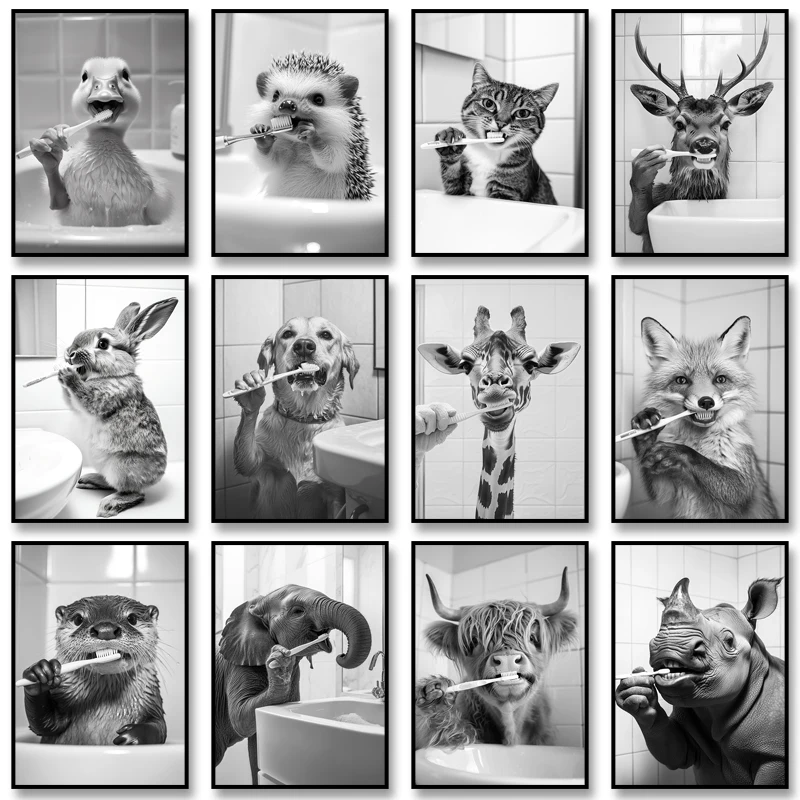 Black White Funny Bathroom Brushing Teeth Poster Vintage Style Animal Canvas Painting Print Wall Art Picture for Home ation