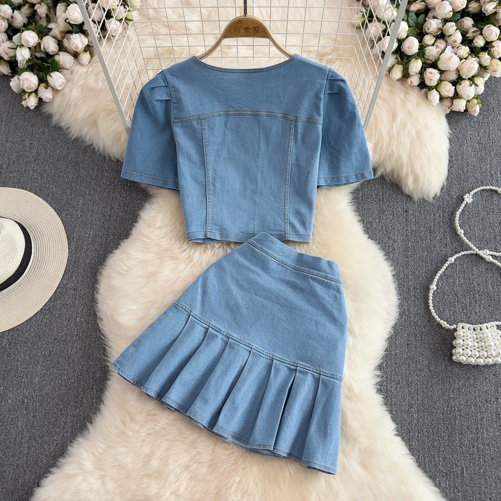 Women\'s Set Jeans 2 Pieces Suits Woman Matching Sets Buttons Jumpers Mini Skirt Short Sleeve Female Clothes Costumes