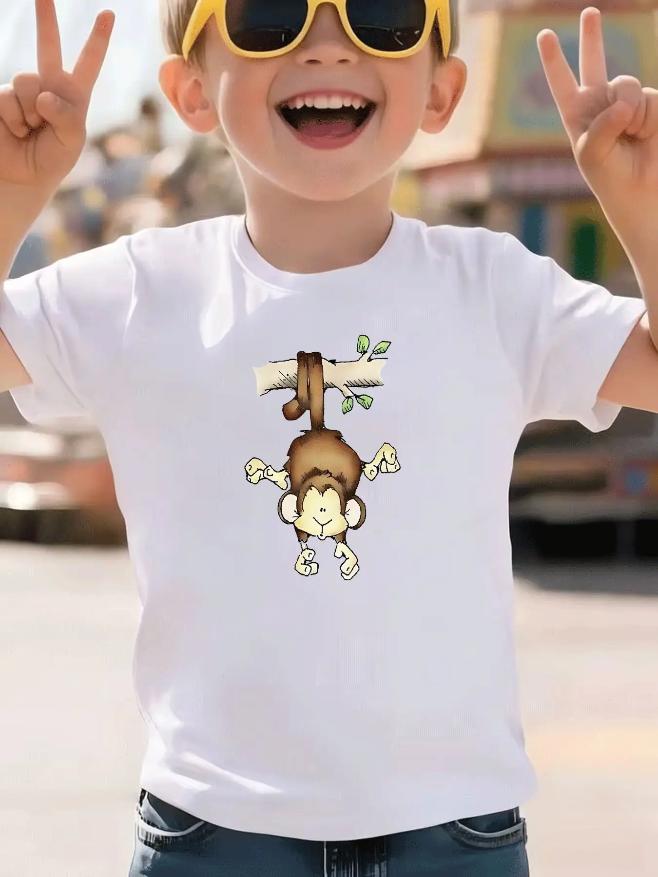 Leisure Trend Cartoon Hanging Monkey Pattern Printed Children's T-shirt Summer Street Style Holiday Gift Parent Child Clothing