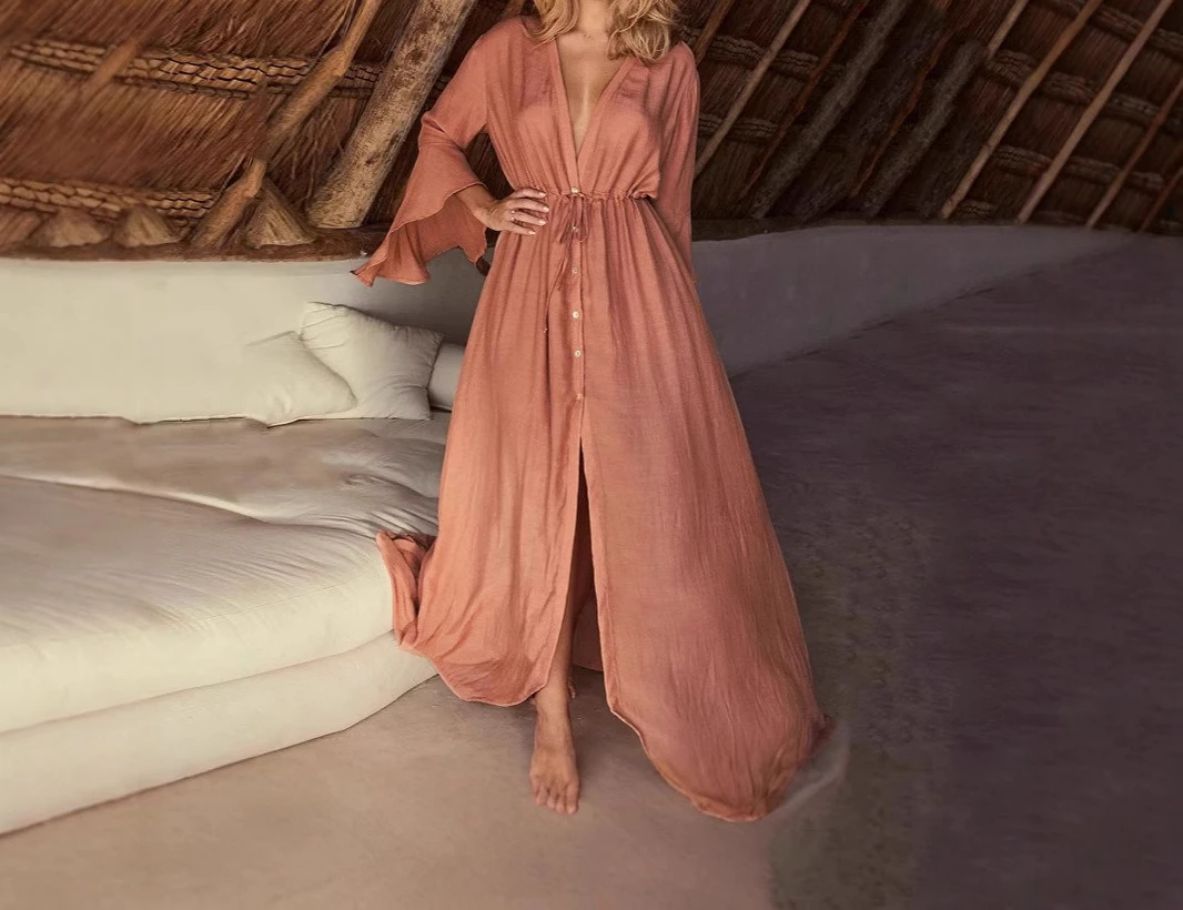 

2025 New Flared Sleeve Cardigan Long Sun Protection Jacket Beach Coat Outer Cover Shirt