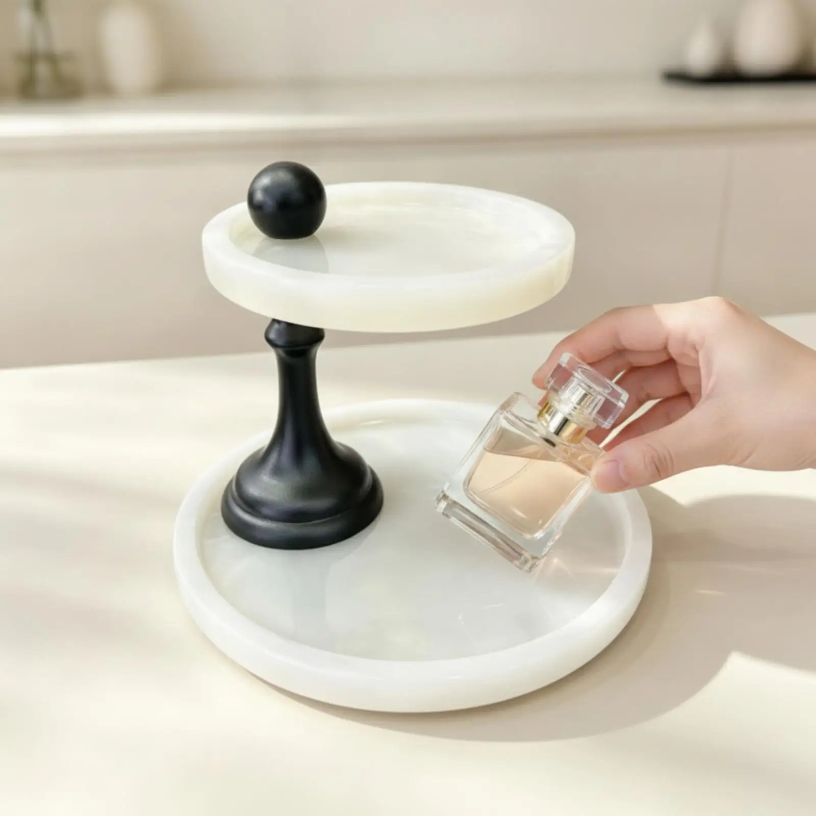 Compact Marble Tray Organizer for Vanity Table Two Tier Jewelry Display Stand with Raised Rims for Perfume Bottles Rings