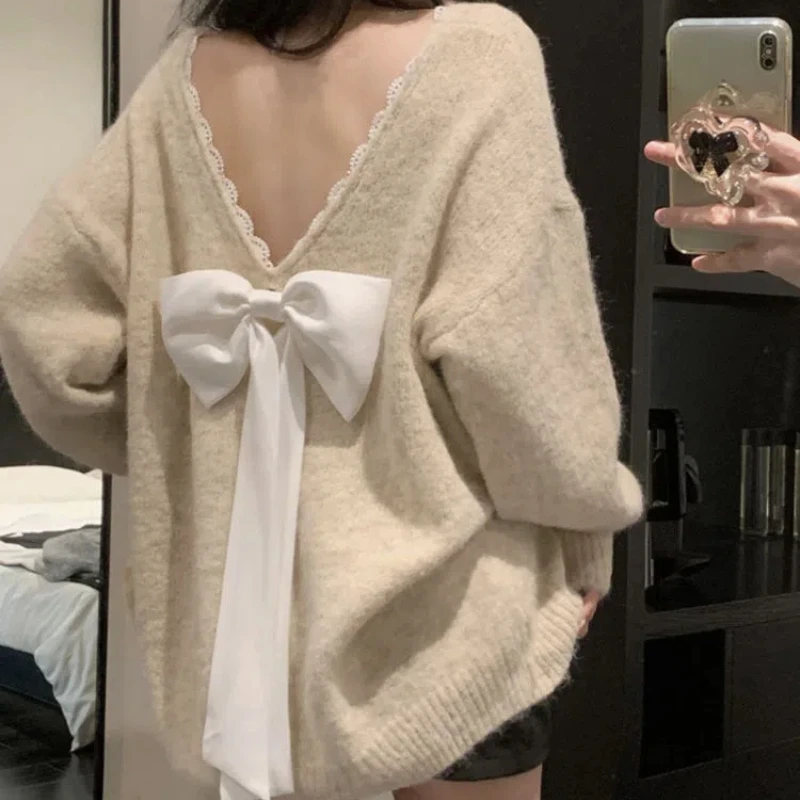 Wiosna Jesień Nowy V-neck Długi rękaw Moda Sweter Kobiety High Street Casual Luźne swetry bez pleców Kokarda Patchwork Koronkowe topy