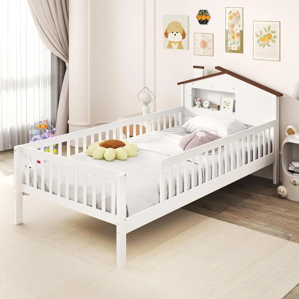 

Детская кровать Twin Kids Bed e, кровать Монтессори из массива дерева с защитными бортиками и доской в форме домика, встроенная полка для хранения, не требует пружинного блока.