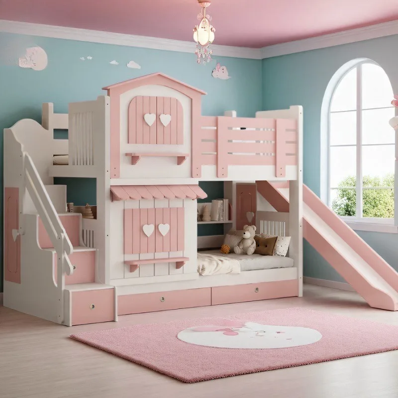Factory Direct 2026 Two-story princess wind castle bed slide bed multi-function children's bed