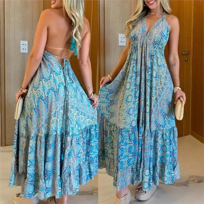 Sexy Backless Bandage Women Dress Summer Fashion Boho Print Halter V-neck Long Dresses Casual Ruffle Holiday Beach Dress Female