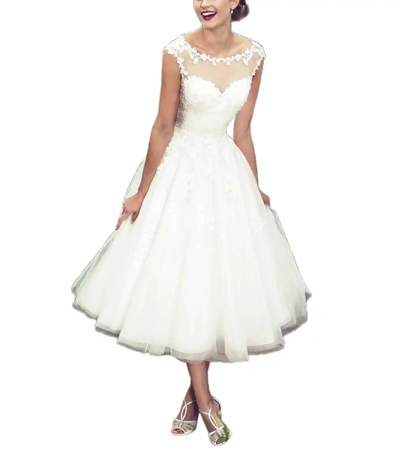 

ABaowedding Women's Elegant Sheer Vintage Short Lace Wedding Dress for Bride vestidos de novia
