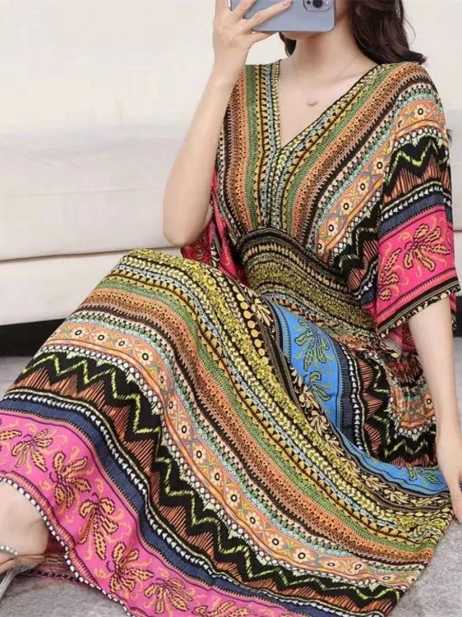 캐주얼 V넥 허리 조절 플로럴 프린트 Dr Street Sle 미드웨이스트 오르트 Sve 미디 스커트 H-ape 기타 소재 00%