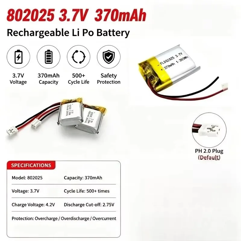 Аккумулятор Li-ion Lipo Polymer 3.7V 802025 370mAh для умного браслета, Bluetooth-гарнитуры, DVD, GPS, Walkman, MP3.