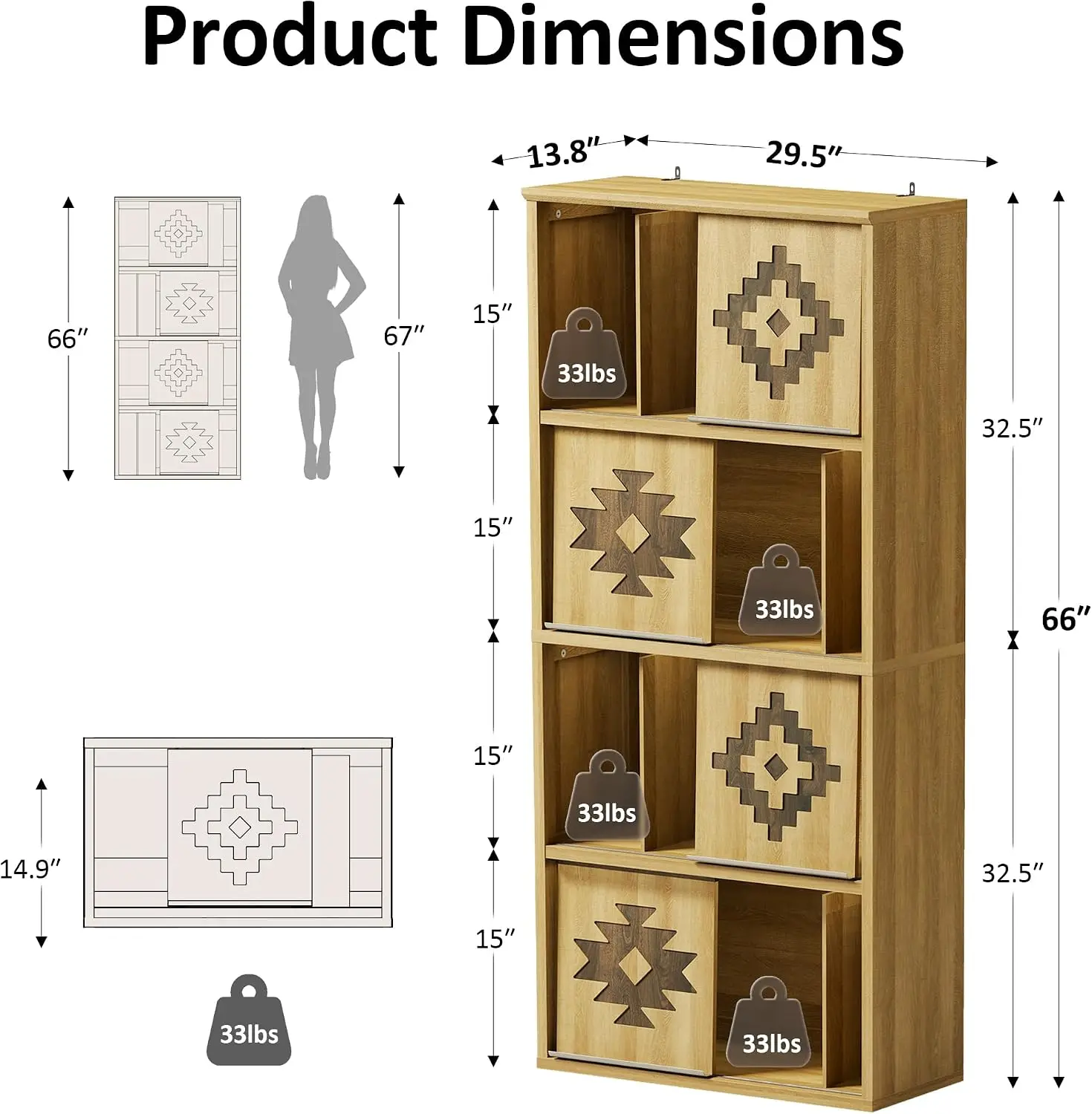 Bookcase & Bookshelf with Movable Bookends, 4-Tier Open Storage Shelves, Beveled Gliding Doors, Large Wooden Display, Customized