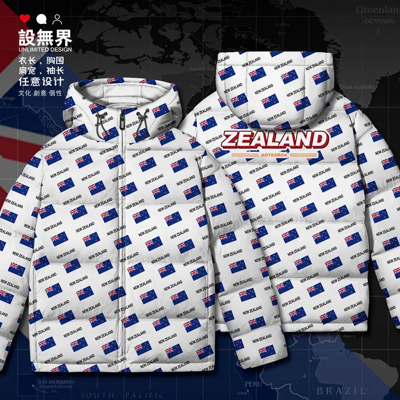 New Zealand Zealander NZL country flag White duck down Jackets Hooded new Thick puffer stand collar mens Warm down coat Winter