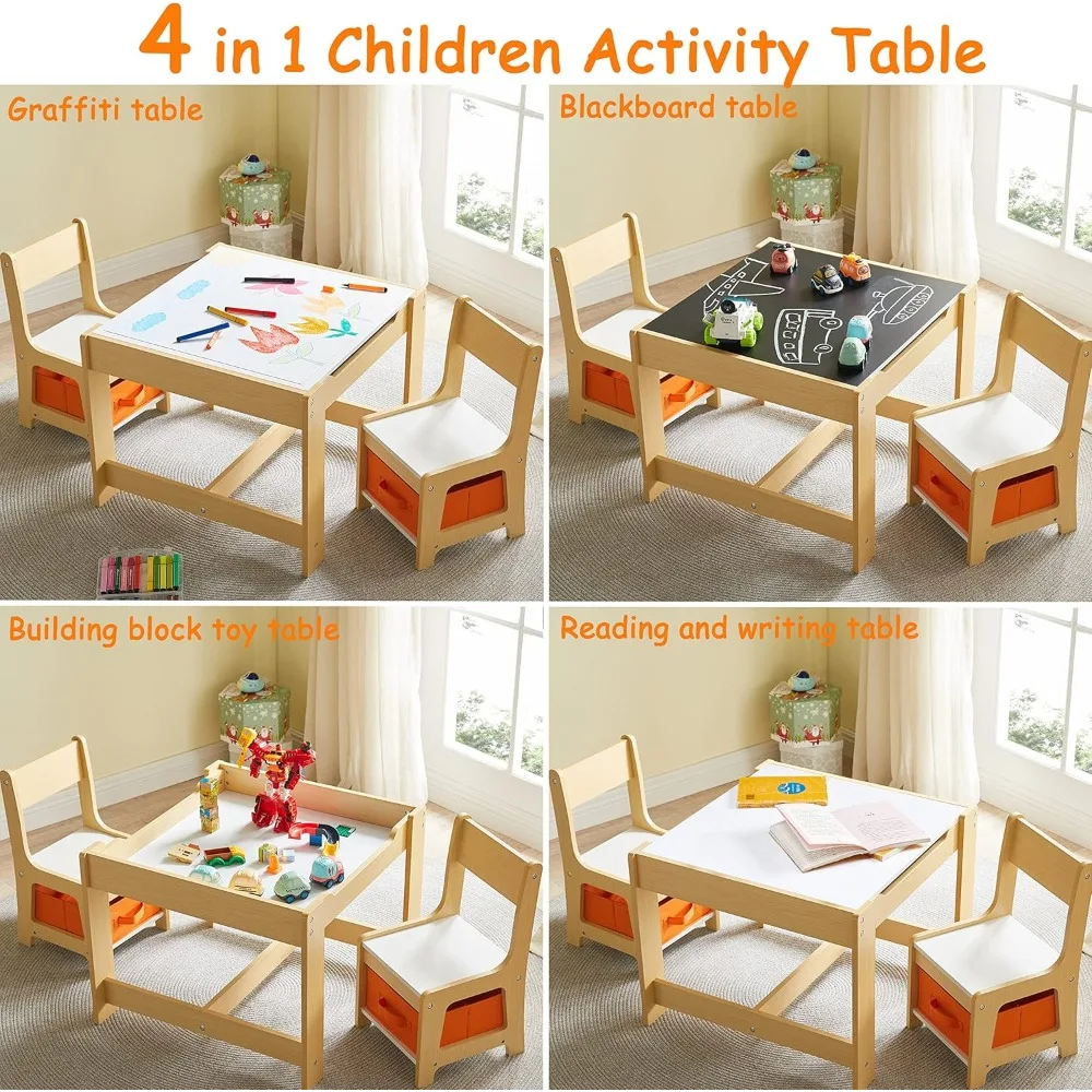 Kids Table and Chair Set, 3 in 1 Wooden Activity Table with Storage Drawer for Toddlers Drawing, Reading, Crafts, Play