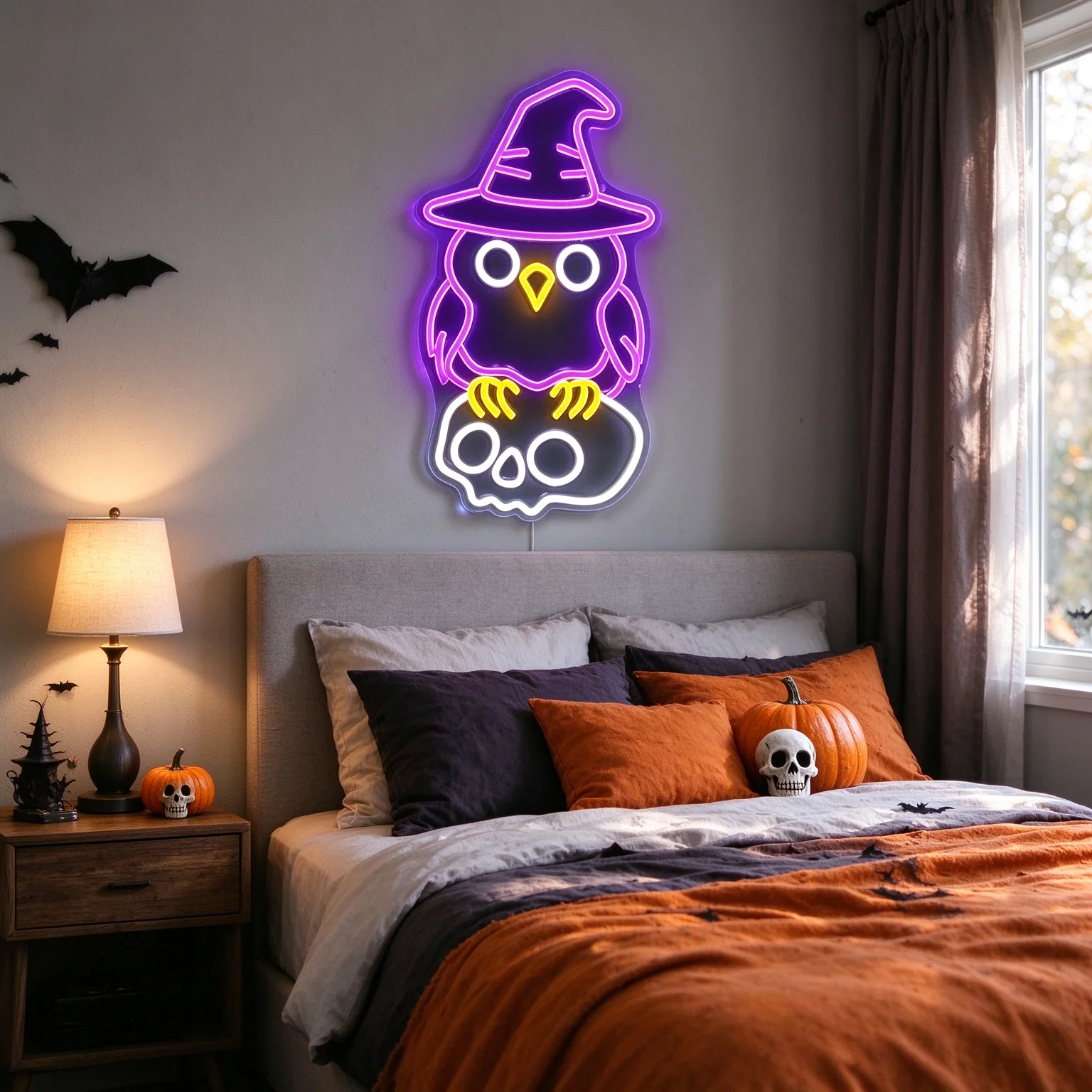 1 Halloween Skeleton Owl with Magic Hat Wall Decoration LED Acrylic Light Board Dimming Switch Button Halloween Wall Decoration