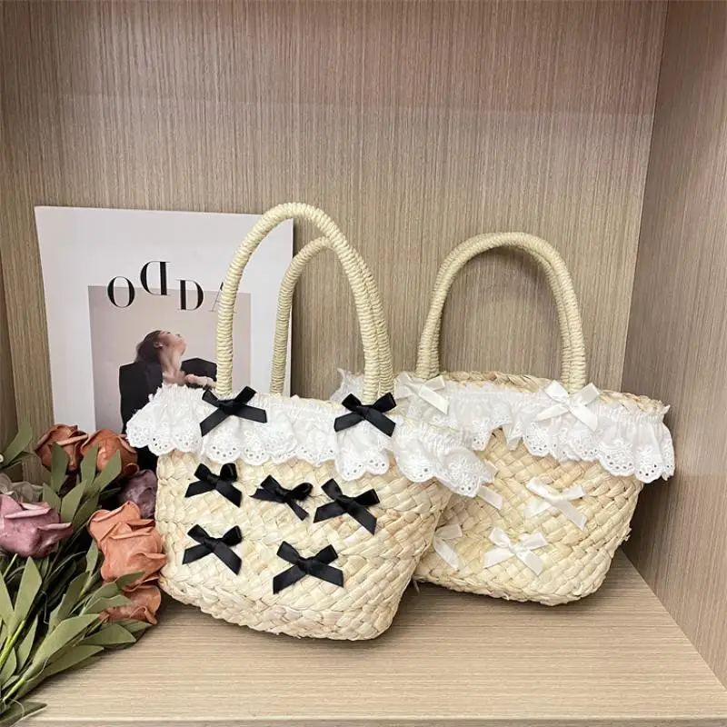 Top Handle Bags for Women 2024 Fashion Summer Handmade Straw Woven Basket Bags Casual Hand Bags Bohemian Seaside Beach Bag