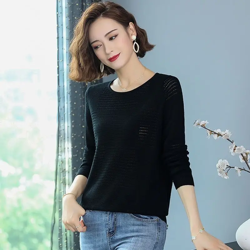 Autumn Winter Round Neck Elegant Vintage Knitted Sweater for Women 2023 New Solid Color All-match Long Sleeve Hollow Out Blouse