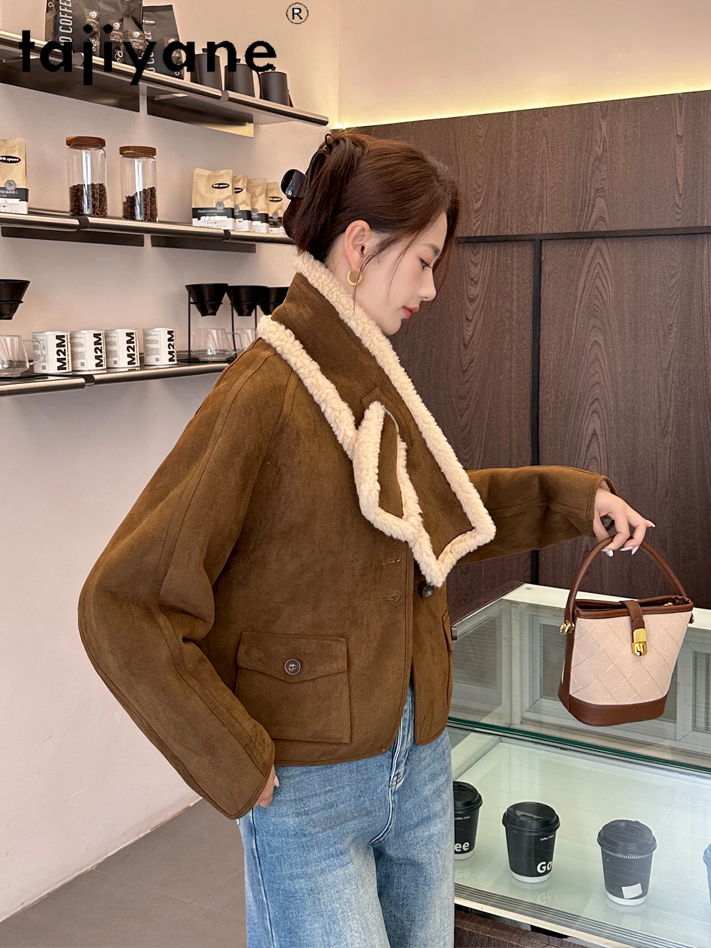 TAJIYANE 100% 리얼 울 코트와 스카프 여성용 시크 리버시블 숏 양털 외투 겨울 여성 의류 2025