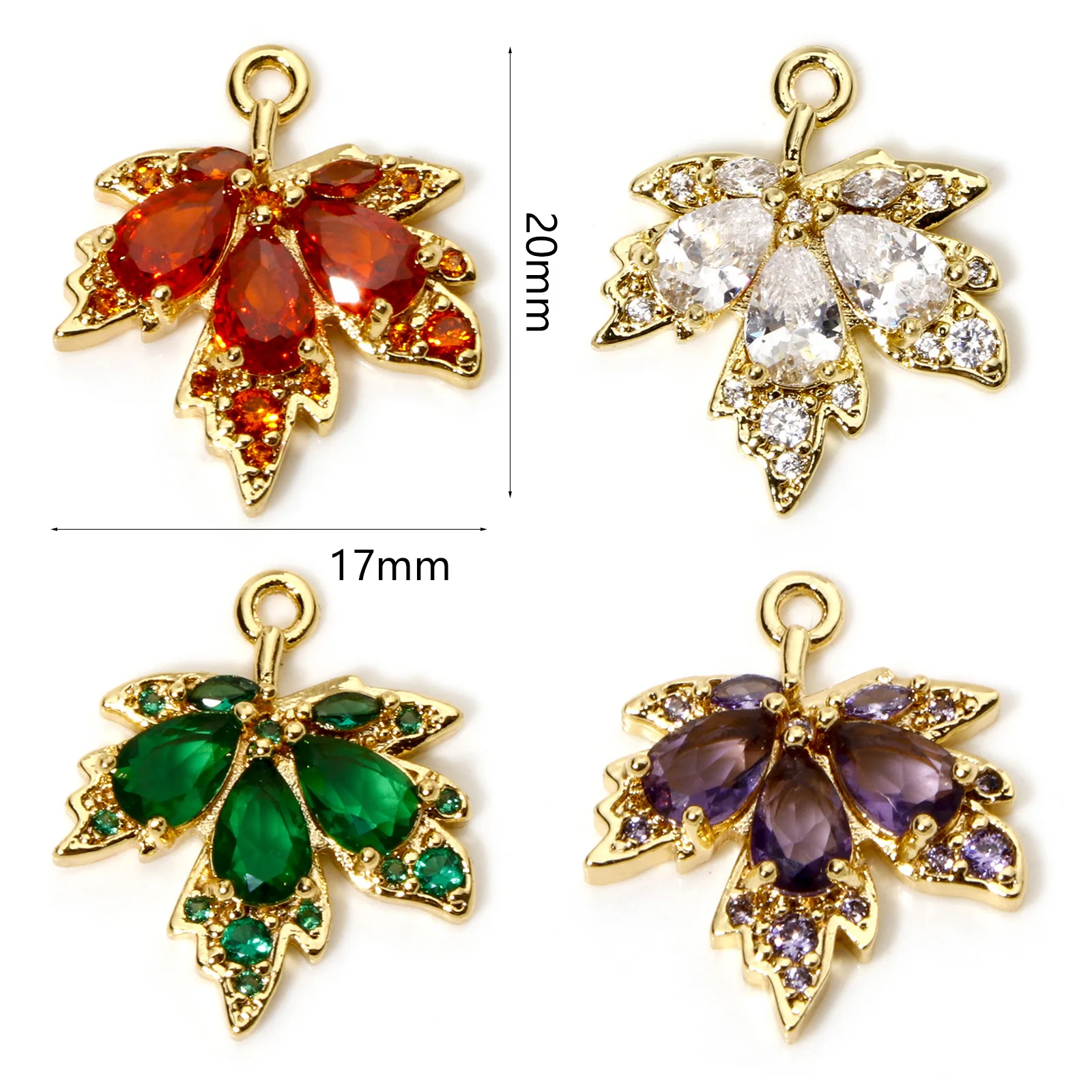 2 Piece Brass & Glass  Maple Leaf Pendants Gold PlatedMicro Pave Rhinestone Charms For DIY Necklace Jewelry Making 20mm x 17mm