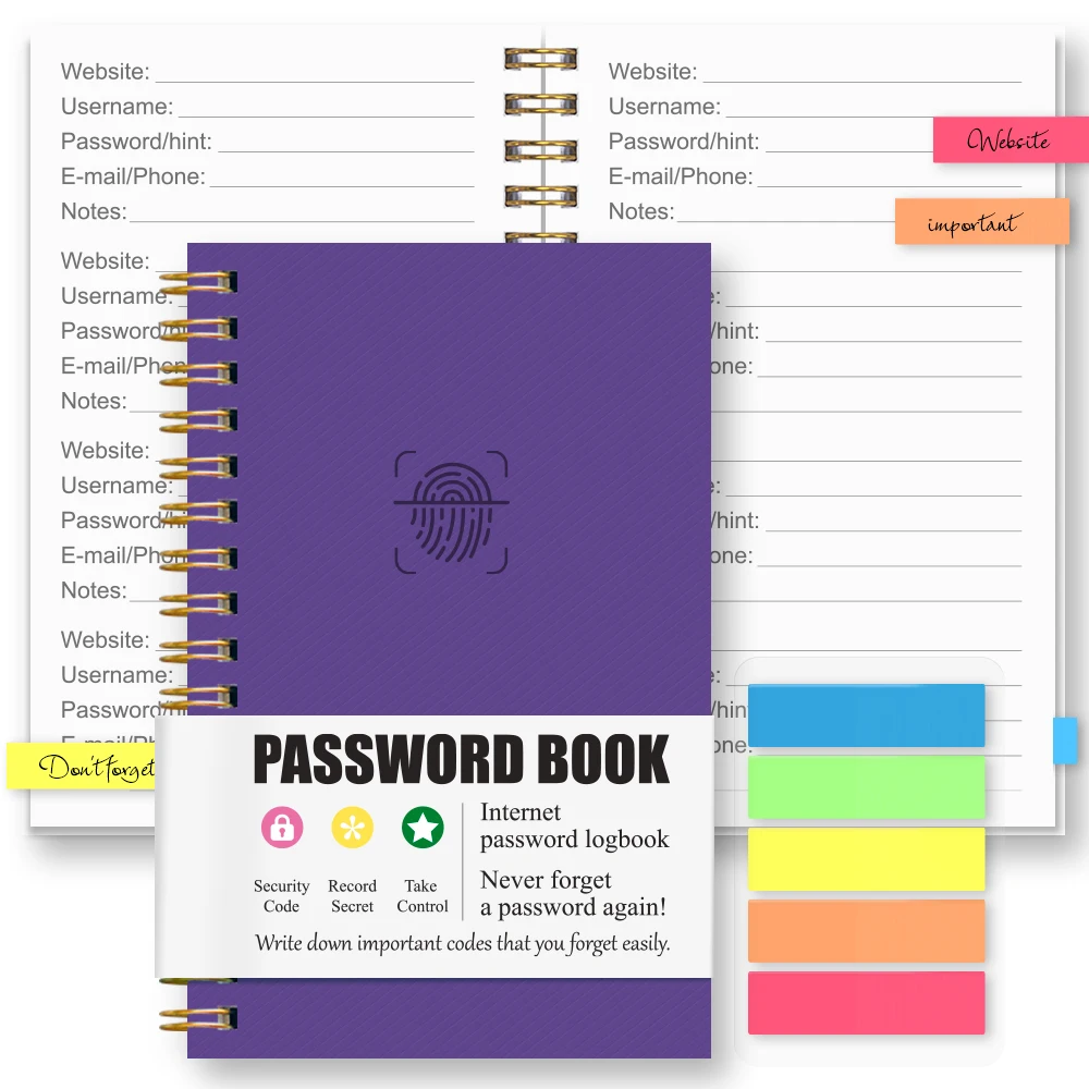 Mini Purple Password Keeper Book, Spiral Password Logbook with Address, Birthday, Emergency Contact & Notes Pages