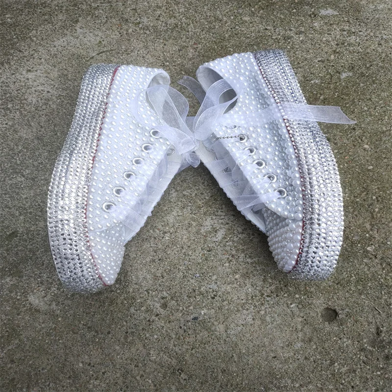 Handmade custom rhinestone pearl stitching ribbon trim simple fashion all-match canvas shoes women\'s large size 35-46