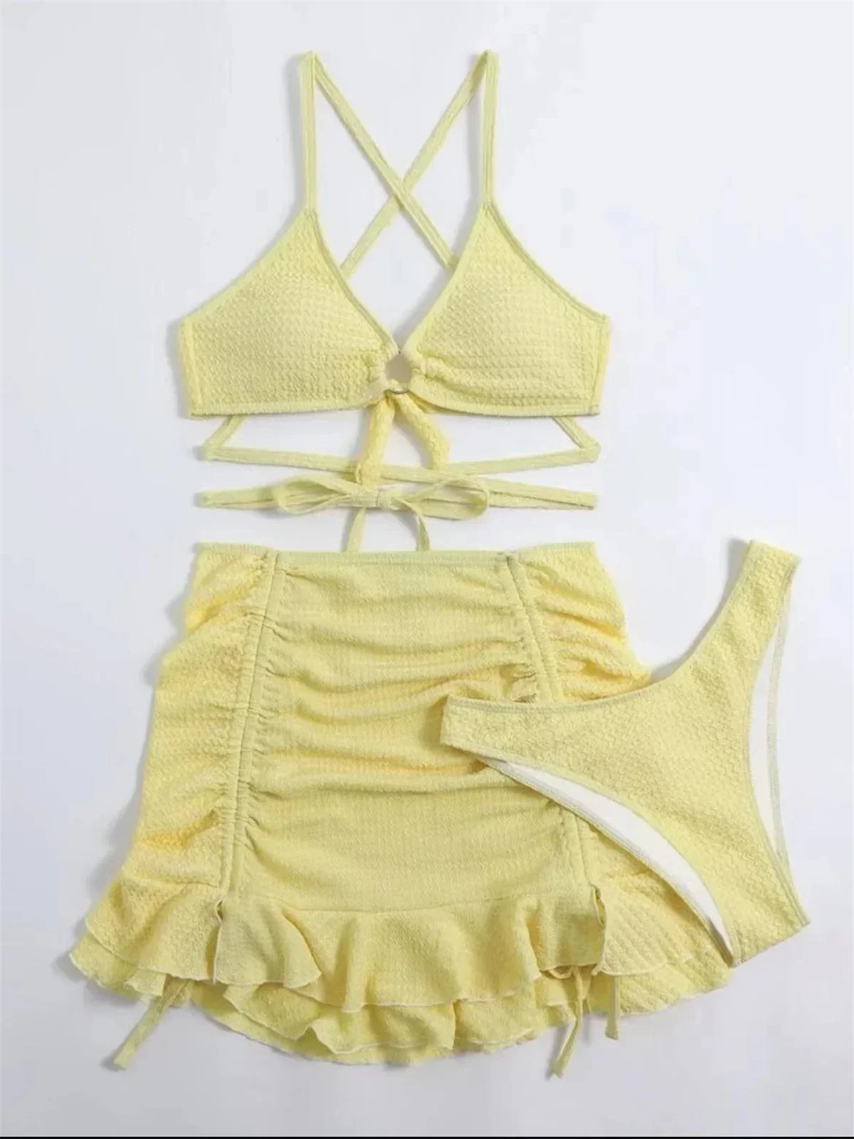 Sexy biquíni amarelo feminino sólido halter anel ligado criss cross cobrir 3 peça maiô 2024 maiô babados saia banho