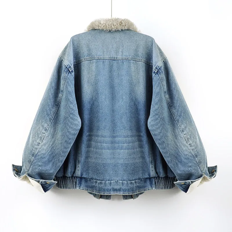 Winter Women Faux Lambwool Lapel Patchwork Blue Denim Coat Casual Zipper Long Sleeve Warm Down Liner Jeans Jacket Chaqueta Mujer