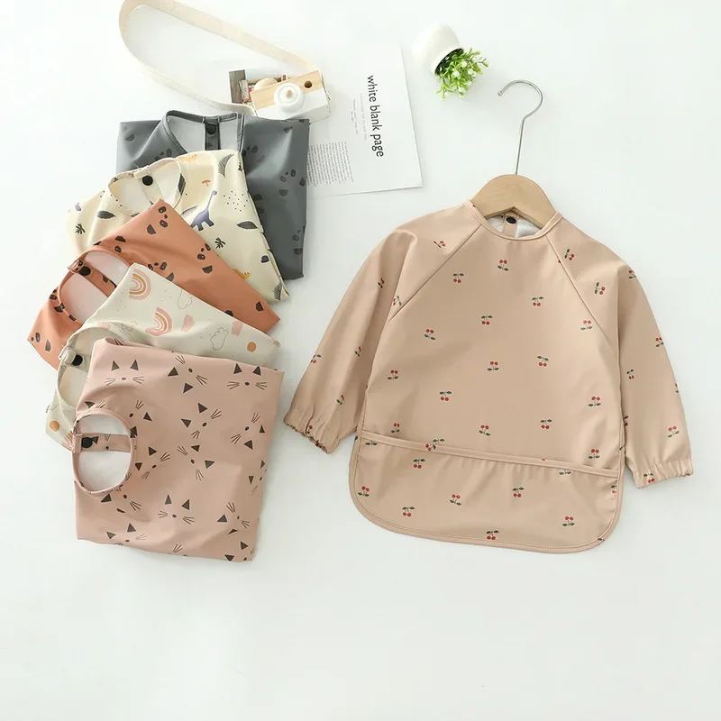 Erduo Newborn Baby Waterproof Feeding Baby Soft Cloth Fabric Bibs Infant Apron Long Sleeve School Food Bib Eating Accessories