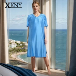 XClocKNYoung satin glossy dress smooth short sleeve loose fitting housewear pajamas V-neck satin Glossy Good night dress