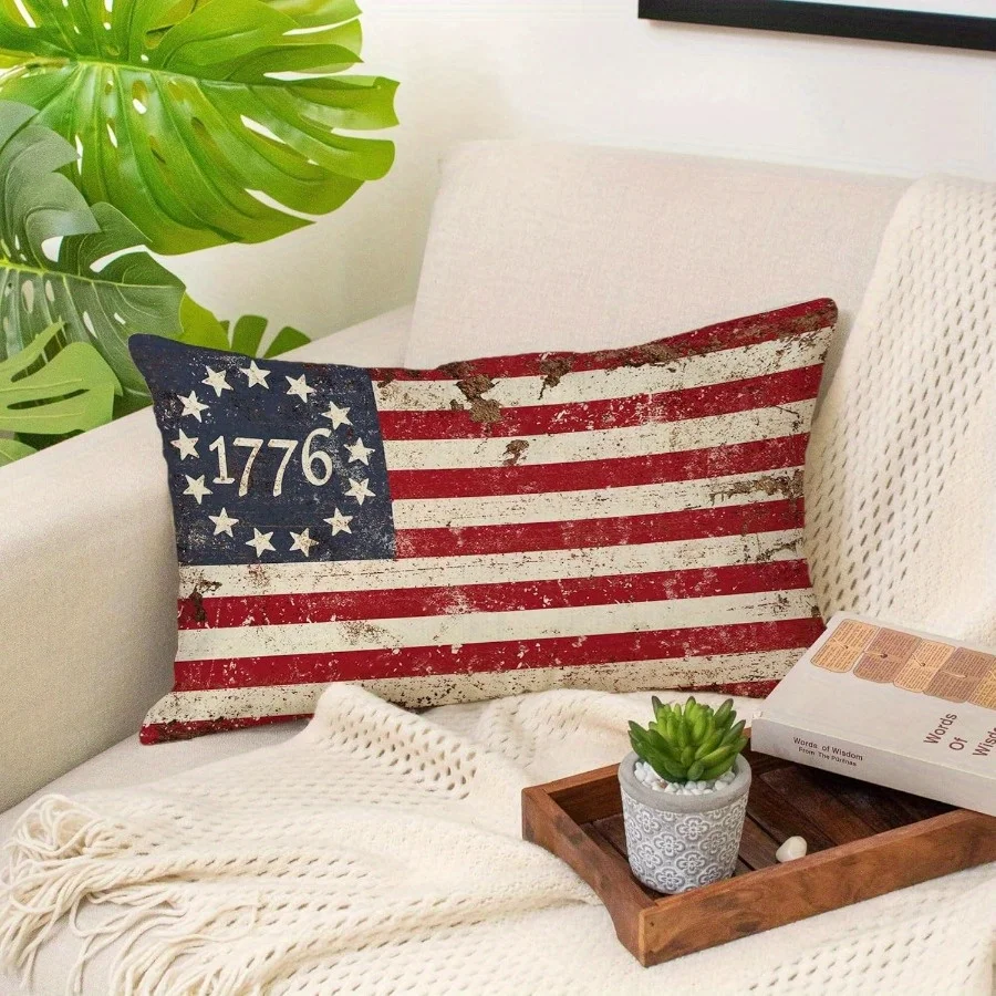 1pc 1776 Independence Day Vintage American Flag Lumbar Pillow Cover, Suitable for Sofa, Bedroom, Living Room, 4th of July Decor