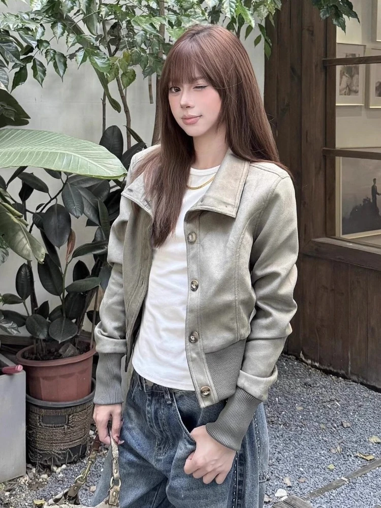 الأمريكية خمر شارع العليا أبلى عارضة طويلة الأكمام ضئيلة زر لون نقي مخطط الأزياء عالية الرقبة معطف امرأة 2025 الخريف