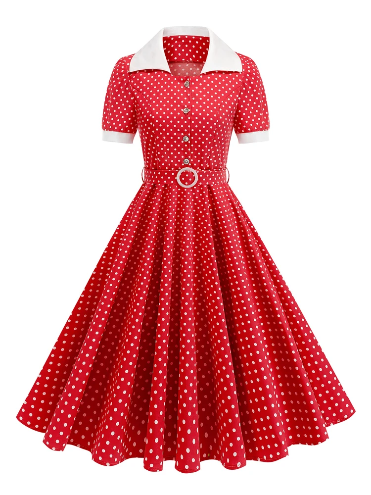 Tonval Retro-Kleider für Damen, 2025, Umlegekragen, Knöpfe vorne, Gürtel, gepunktet, Baumwolle, Rockabilly-Flare-Midikleid – Detail 13
