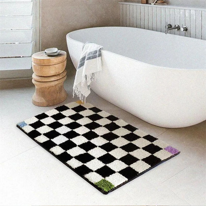 Chessboard Patterned Imitation Cashmere Carpet For Bathroom Absorbent Anti Slip Floor Mat  Entrance Home Bedroom Bedside Blanket