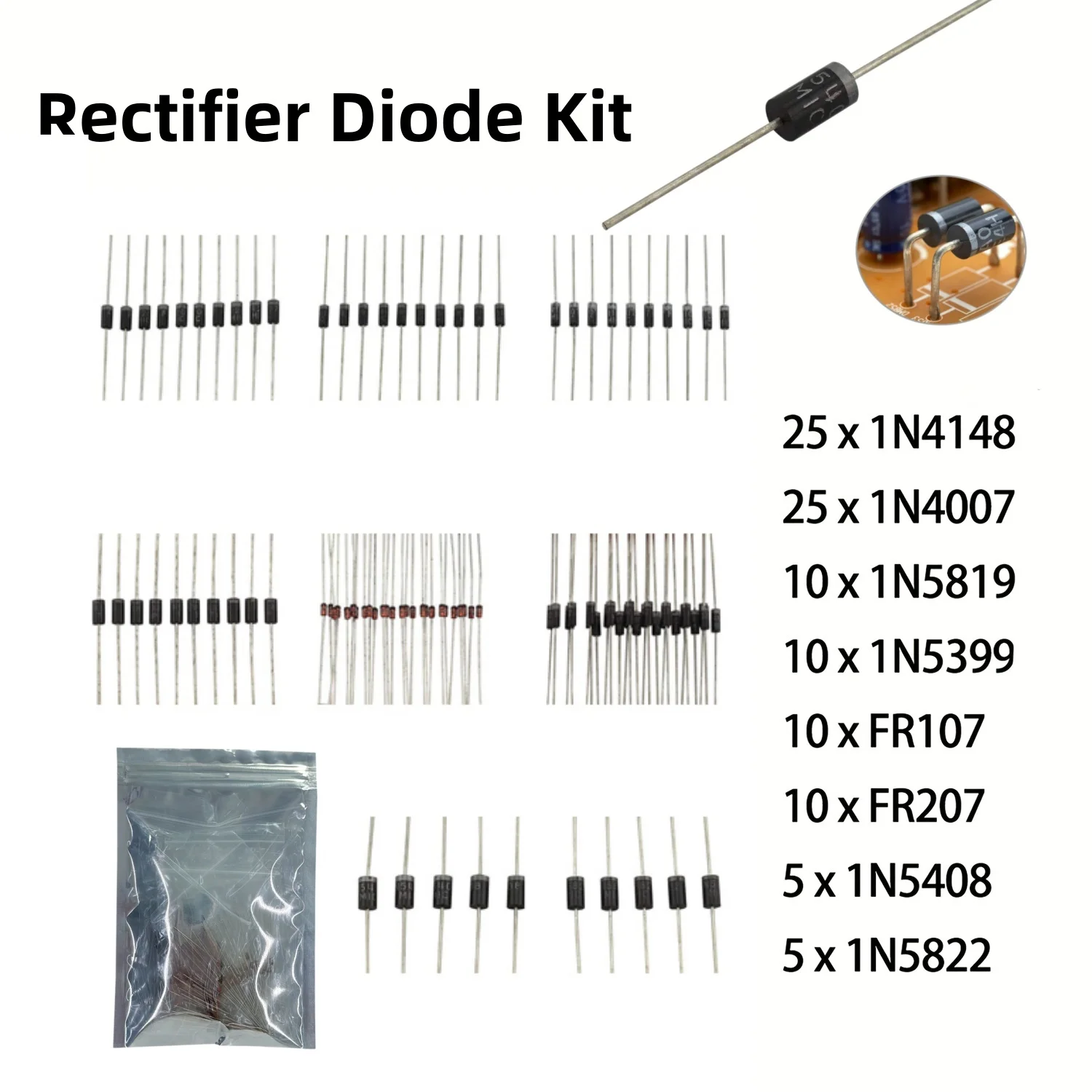 100Pcs Rectifier Diode Assorted Kit, 8 Types DIY Electronic Components 1N4148 1N4007 FR107 FR207 1N5819 1N5399 1N5408 1N5822