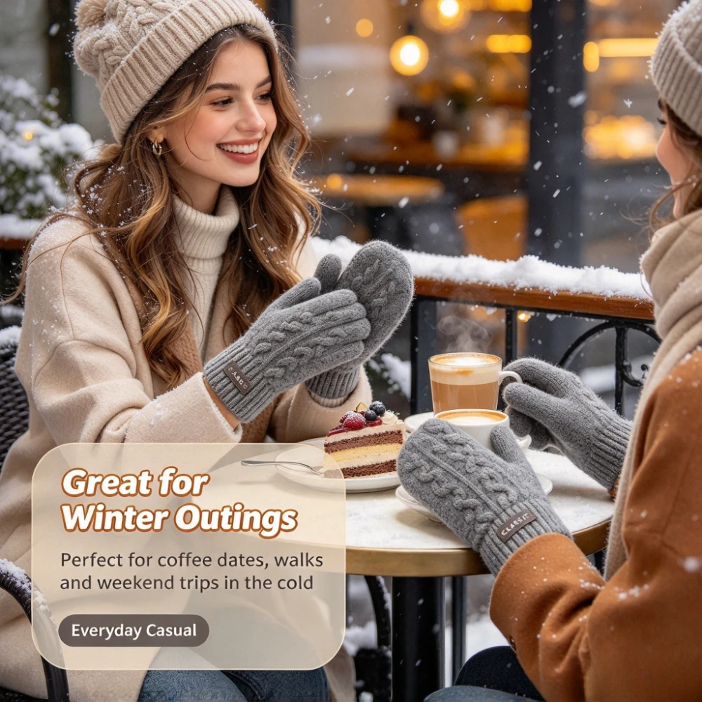 1 Pair Women's Classic Cable Knit Mittens Thick Warm Winter Gloves with Ribbed Cuff Soft Fleece Lined Handwear for Snow, Coffee Dates & Outdoor Walks