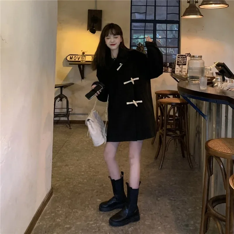 2026Autumn Women Coat Woolen Jacket Loose Asymmetrical Horn Button Fashion Korean Style Casual Female Winter Clothing