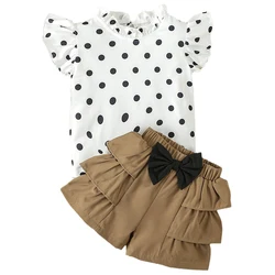 2Piece Sets Summer Luxury Girls Clothing Korean Fashion Dot Sleeveless Baby Tops+Cute Bow Shorts Kids Boutique Clothes BC2187