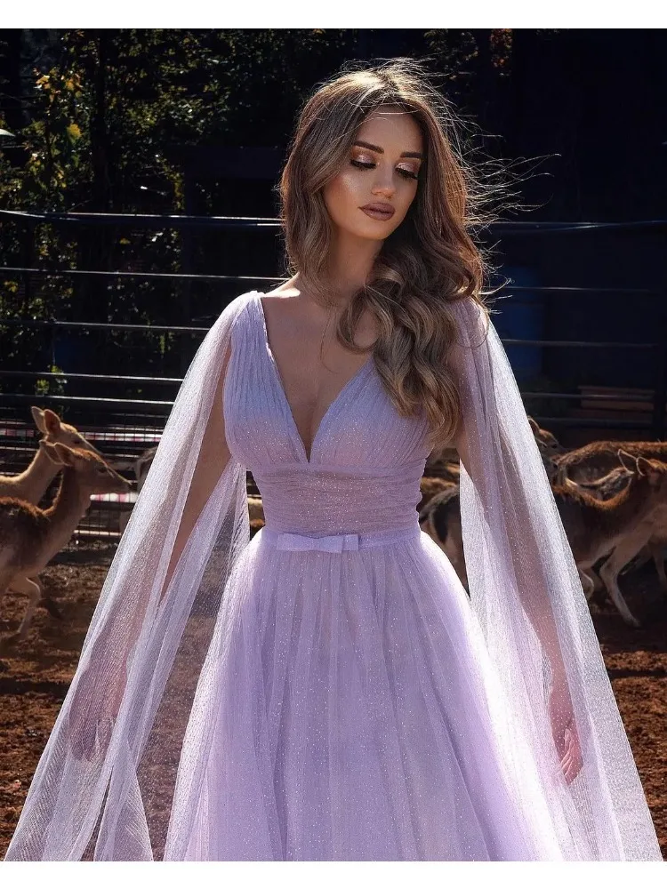 Vestidos de baile brilhantes com mangas de capa, tule brilhante, linha, vestidos de festa de casamento, longo, vestido de festa, coquetel