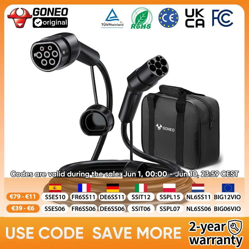 Cable de Carga GONEO Tipo 2 para Vehículos Eléctricos, CCS2 Trifásico, 7 kW /11 kW /22 kW, Cable Híbrido Tipo 2 Compatible con Automóviles