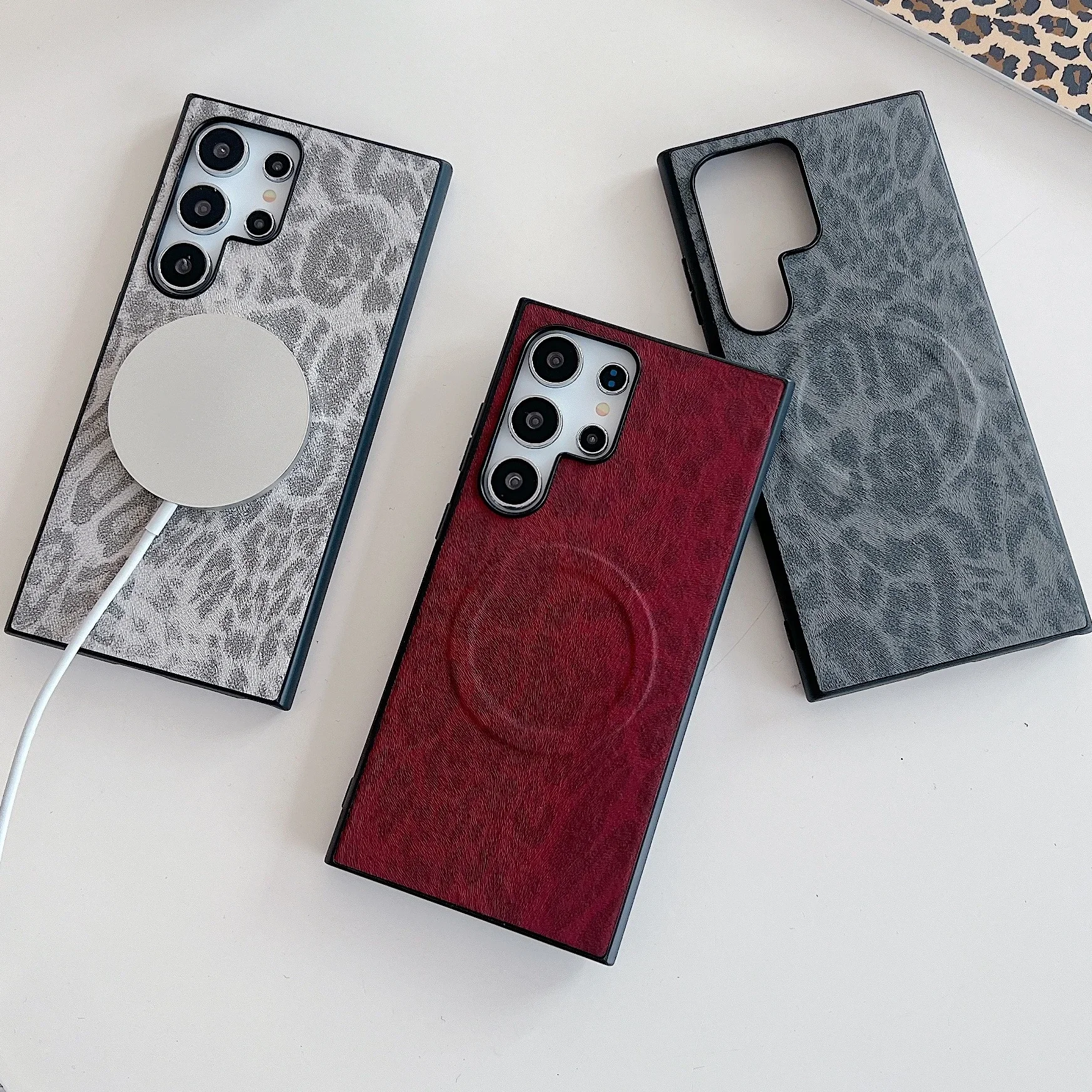 For Samsung Galaxy S25 Ultra Leopard Pattern Case Wireless Charge Cover For Samsung S24 Plus S23 S22 S21 Leather Magsafe Cases