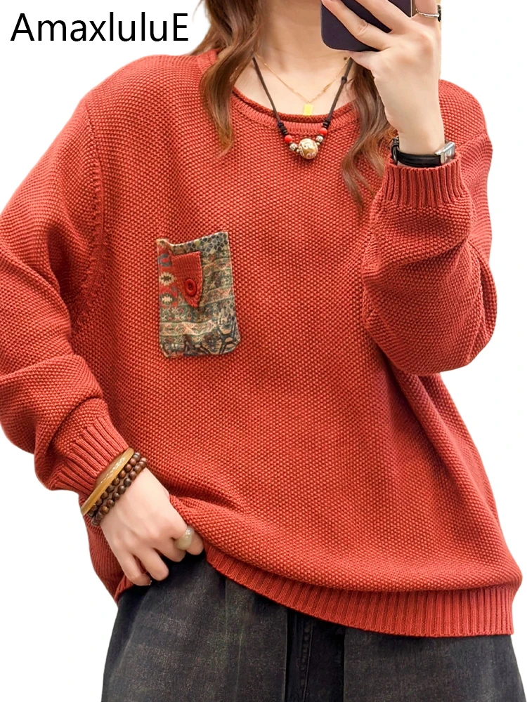 

Amax LuluE Winter Korean Design Jumpers Womens Loose Fashion Printed Sweaters Females Leisure Big Size O Neck Knitted Pullover