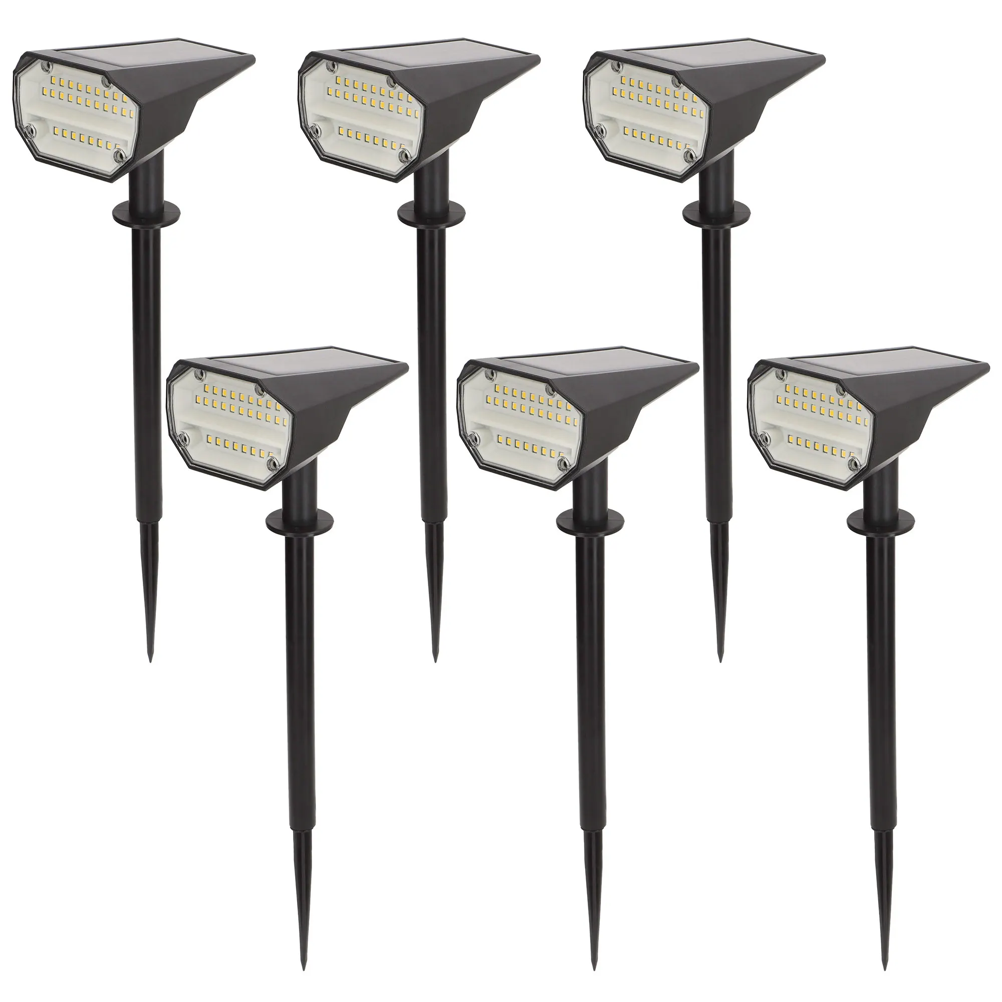 Aktive - Set de 6 balizas solares LED, luz cálida 5-10 lúmenes, 28 LEDs por unidad, autonomía hasta 8h, alcance 2m, instalación en suelo o pared, cabezal inclinable, IP24, ideal para jardín y terraza