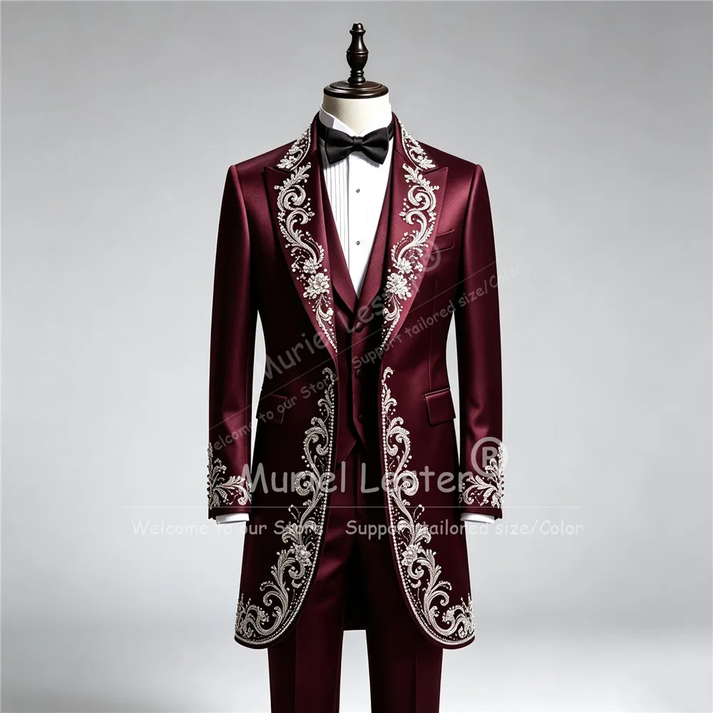 Luxury Man Wedding Tuxedo Suits Long Customized Sparkly Crystals Beading Prom Blazer Vest Pants 3 Piece Sets Groom Wear Attire