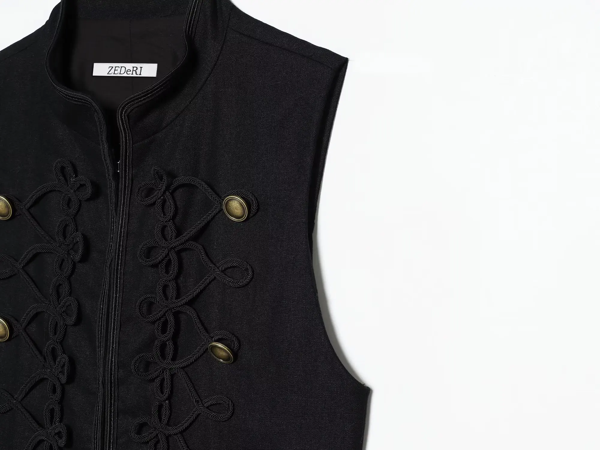 HH Elegante Retro Schwarze Ärmellose Weste mit Doppelreihigen Froschknöpfen für Formelle Anlässe, Alltag, Büro und Urlaub – Detail 6