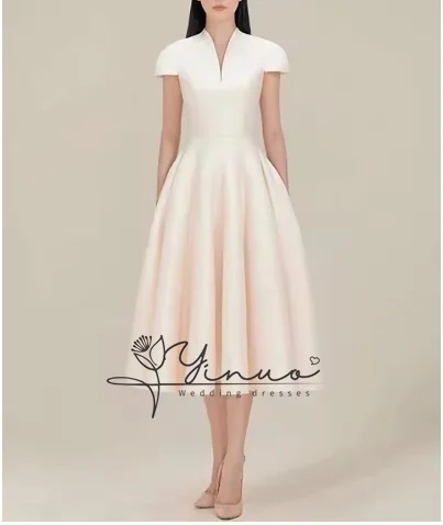 

Customized Dress Pleated High Waist Solid Color V-neck Short Sleeve Satin Evening Dresses Spring 2025 New Fashion