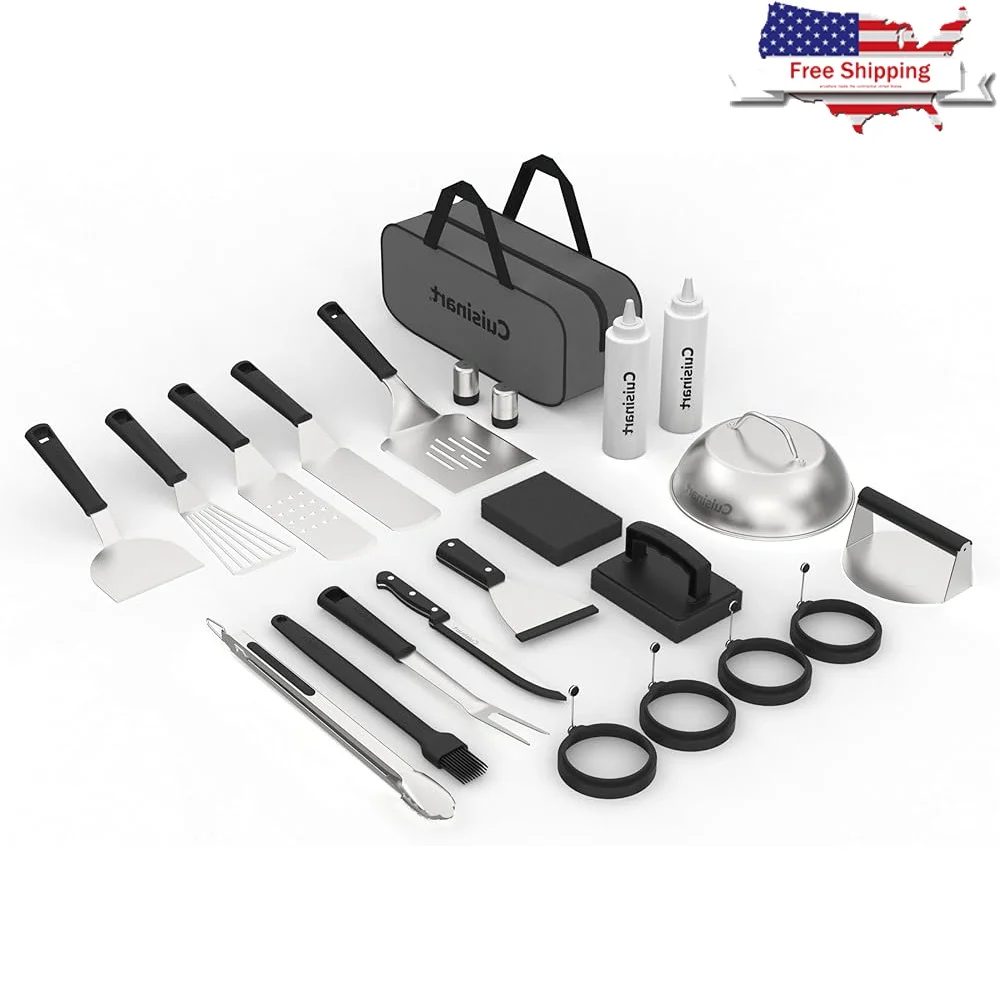 

24-Piece Griddle Tool Set Stainless Steel BBQ Accessories Spatulas Melting Dome Burger Press Egg Rings Cooking Tongs Tote