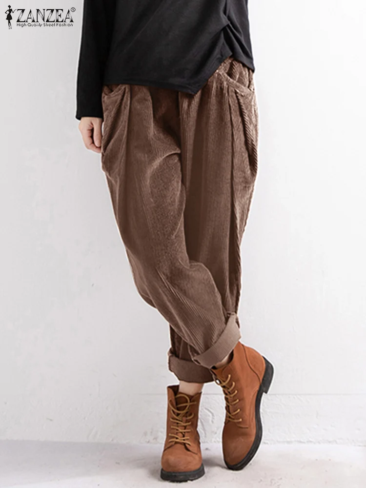 

2023 ZANZEA Vintage Women's Corduroy Trousers Autumn Long Pants Casual Elastic Waist Loose Pantalon Palazzo Female Chic Turnip