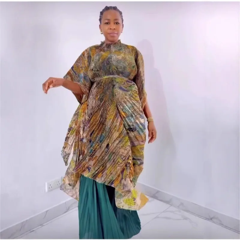 African Plus Size Women's Miyake Pleated Printed Swing Top Bat Sleeve Shawl Wide Leg Straight Pants 2 Piece Middle East Prom view 4